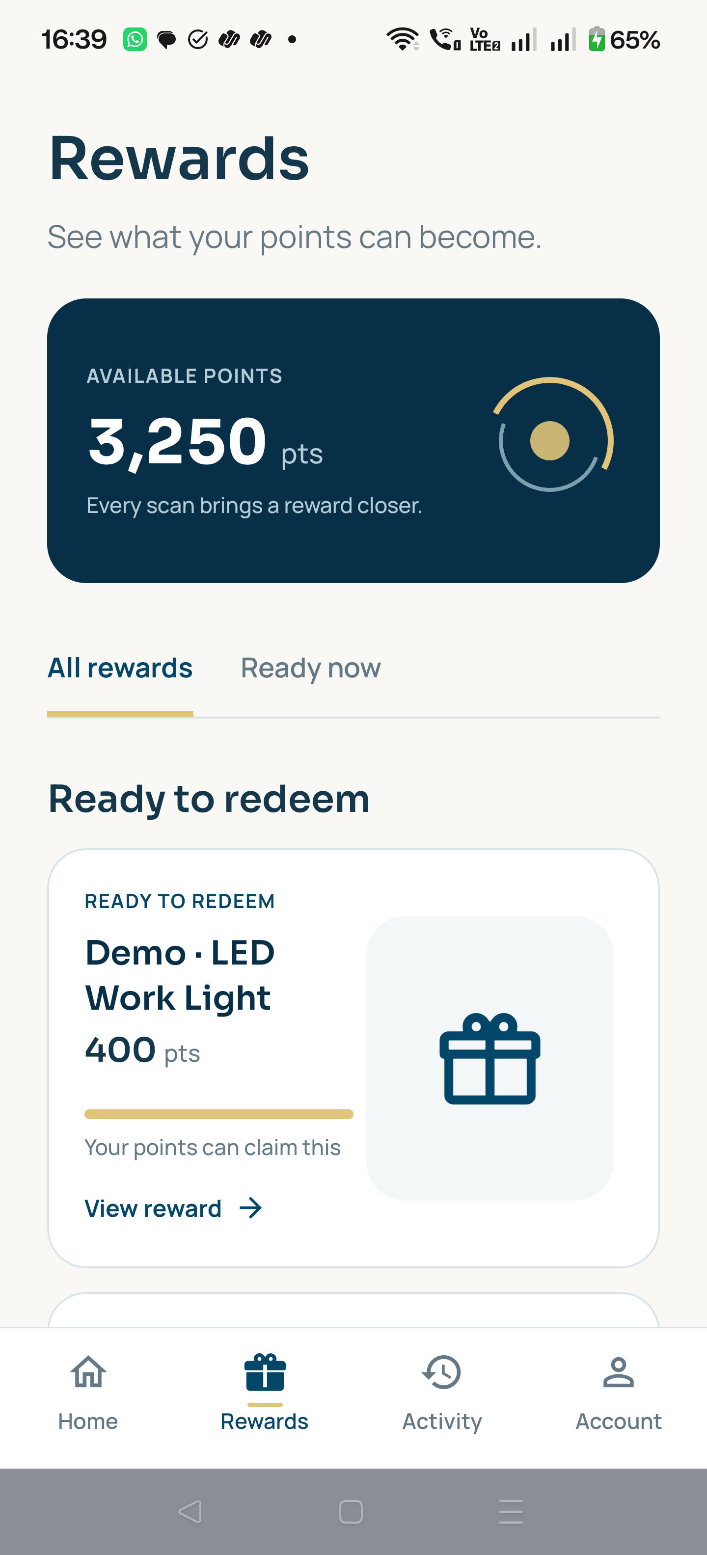 Foursun Rewards app catalogue design preview showing sample points and rewards