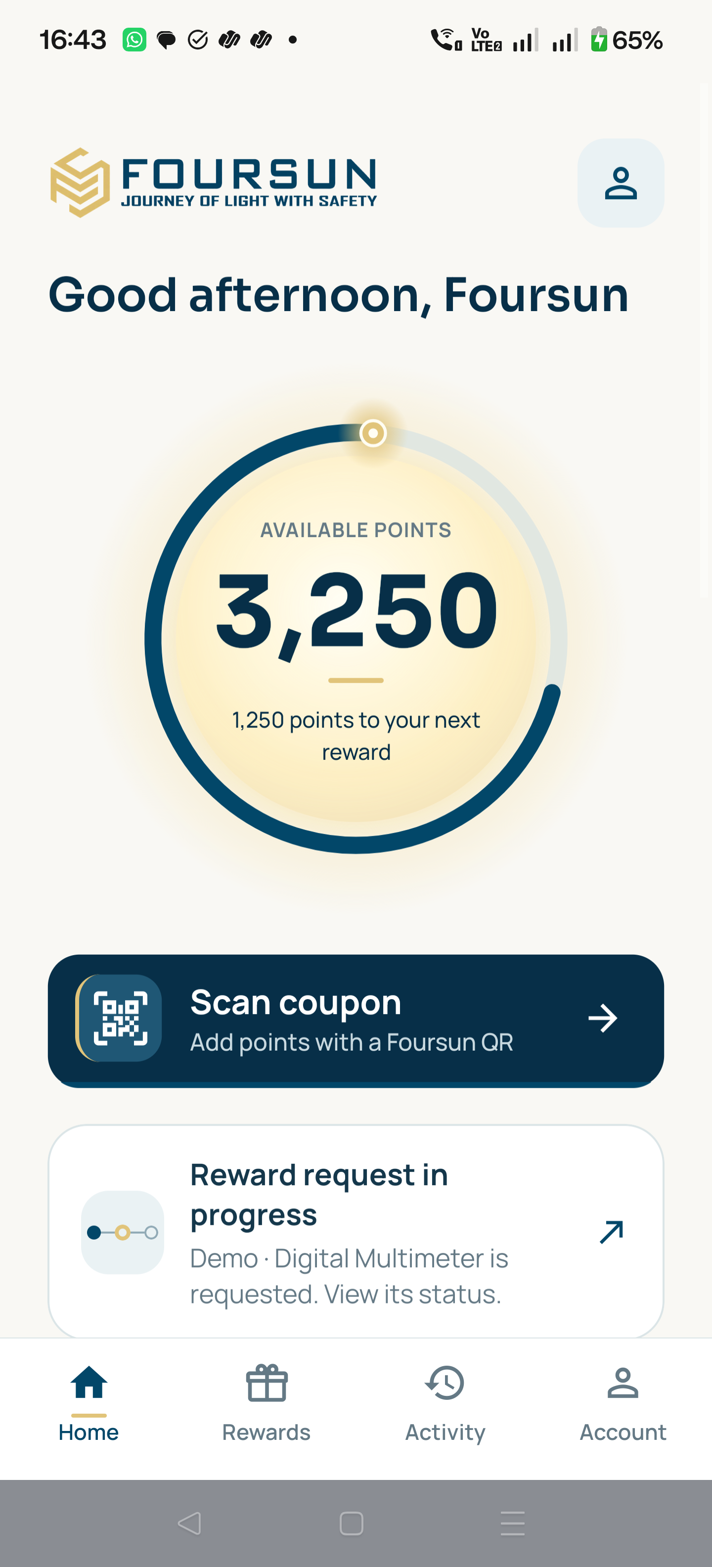 Foursun Rewards app home design preview showing sample points and a scan action